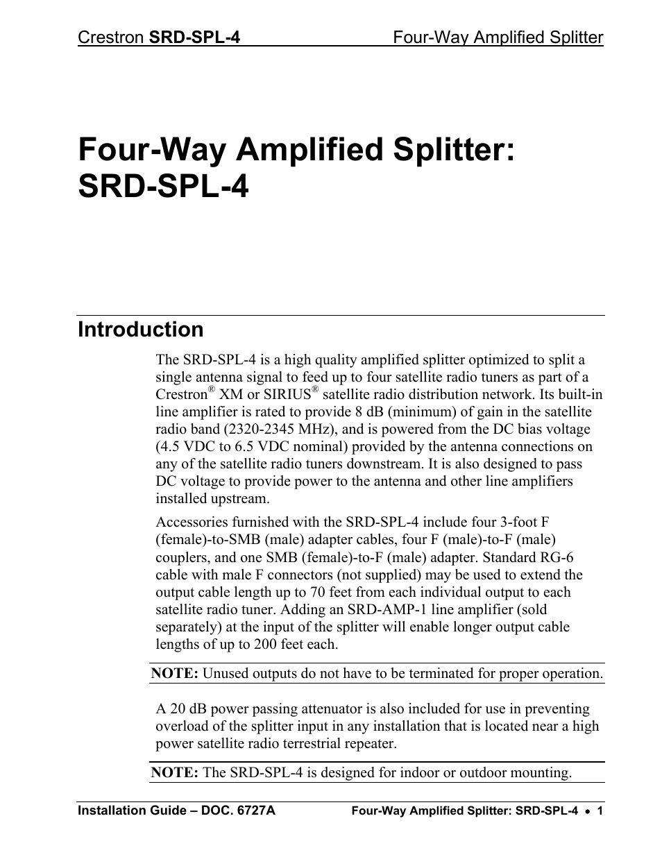 Four-way amplified splitter: srd-spl-4, Introduction | Crestron electronic Four-Way Amplified Splitter SRD-SPL-4 User Manual | Page 5 / 12