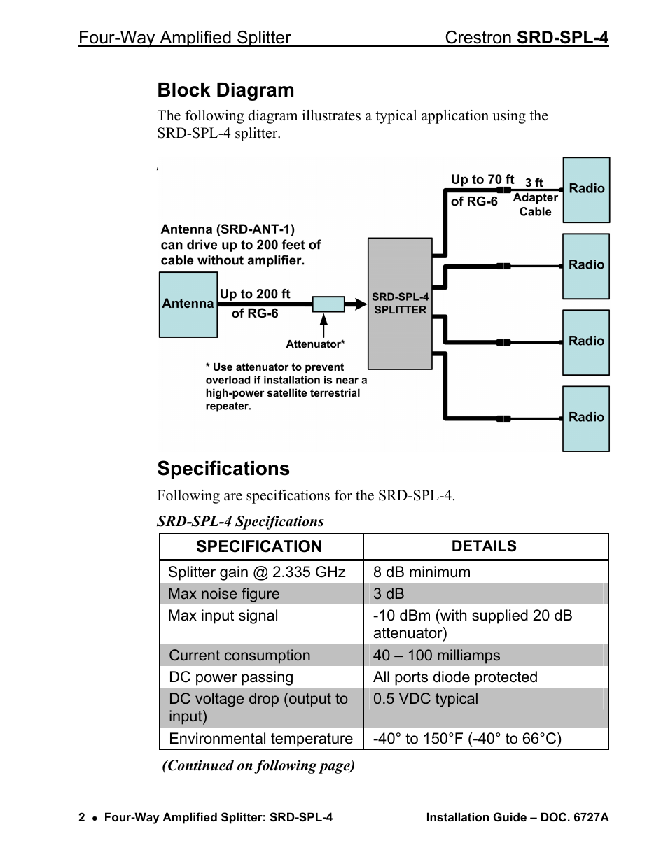 Block diagram, Specifications | Crestron electronic Four-Way Amplified Splitter SRD-SPL-4 User Manual | Page 6 / 12