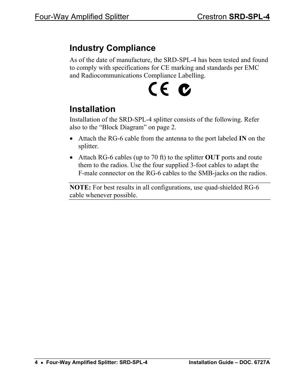 Industry compliance, Installation | Crestron electronic Four-Way Amplified Splitter SRD-SPL-4 User Manual | Page 8 / 12