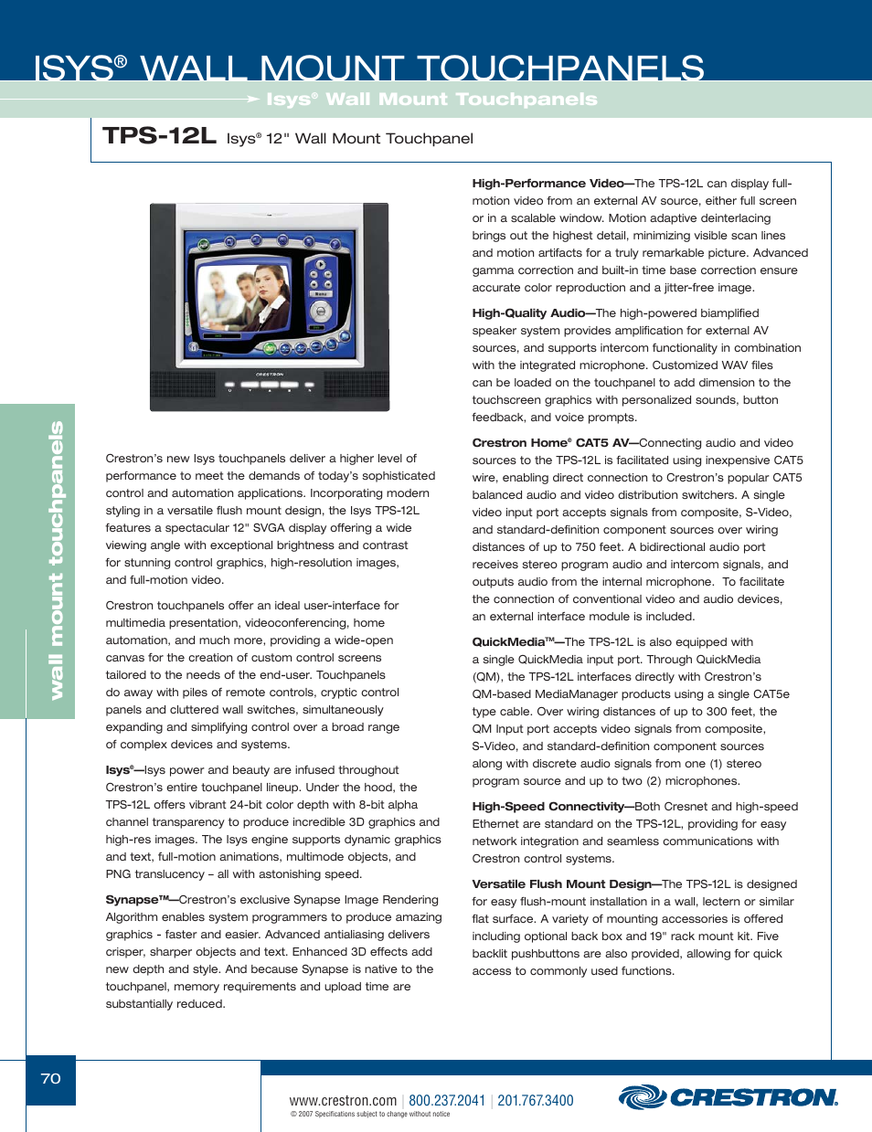 48399_070.pdf, Isys, Wall mount touchpanels | Tps-12l, Wa ll mount touchpanels | Crestron electronic Isys TPS-3100L User Manual | Page 12 / 68