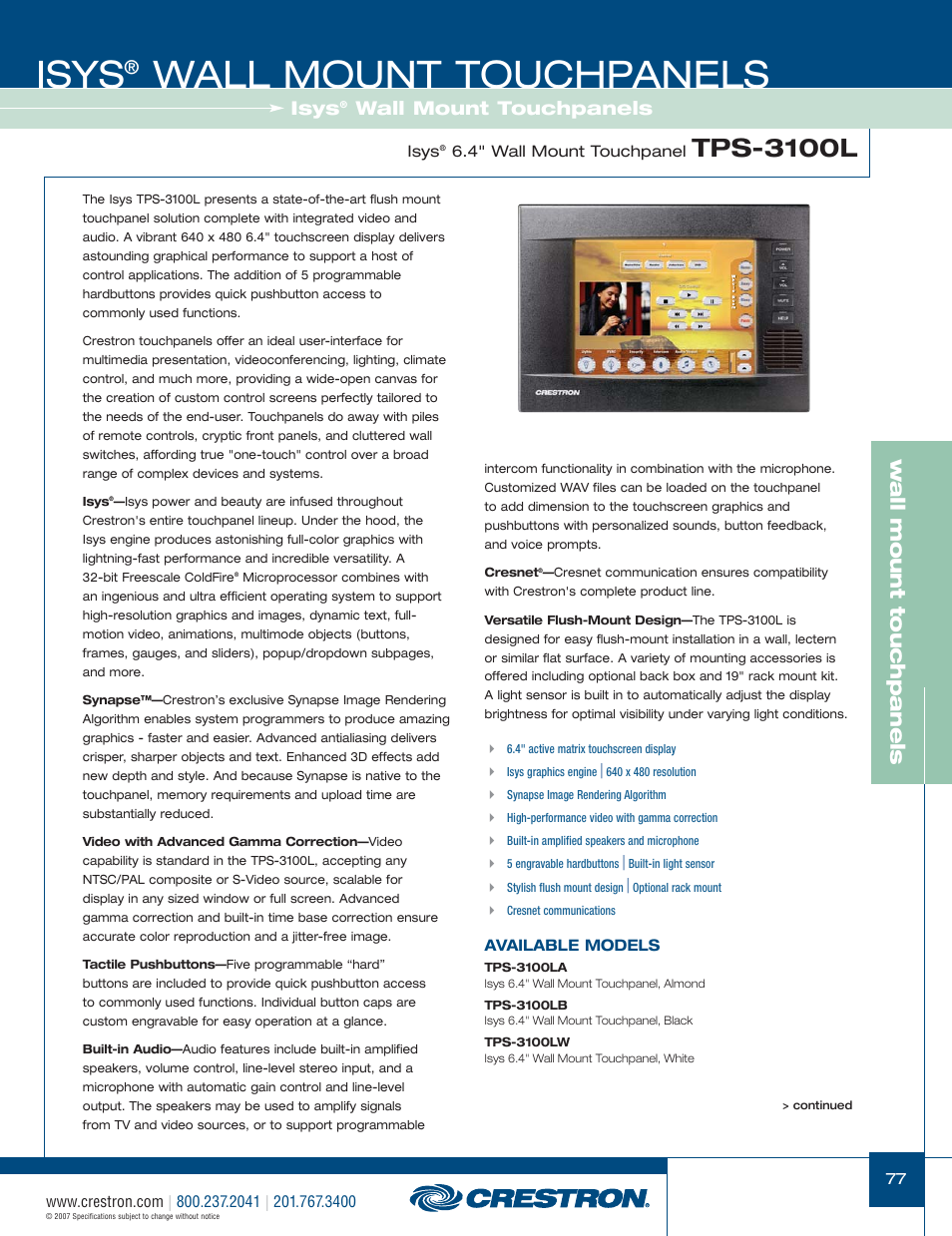 48399_077.pdf, Isys, Wall mount touchpanels | Tps-3100l, W a ll mount touchpanels | Crestron electronic Isys TPS-3100L User Manual | Page 19 / 68
