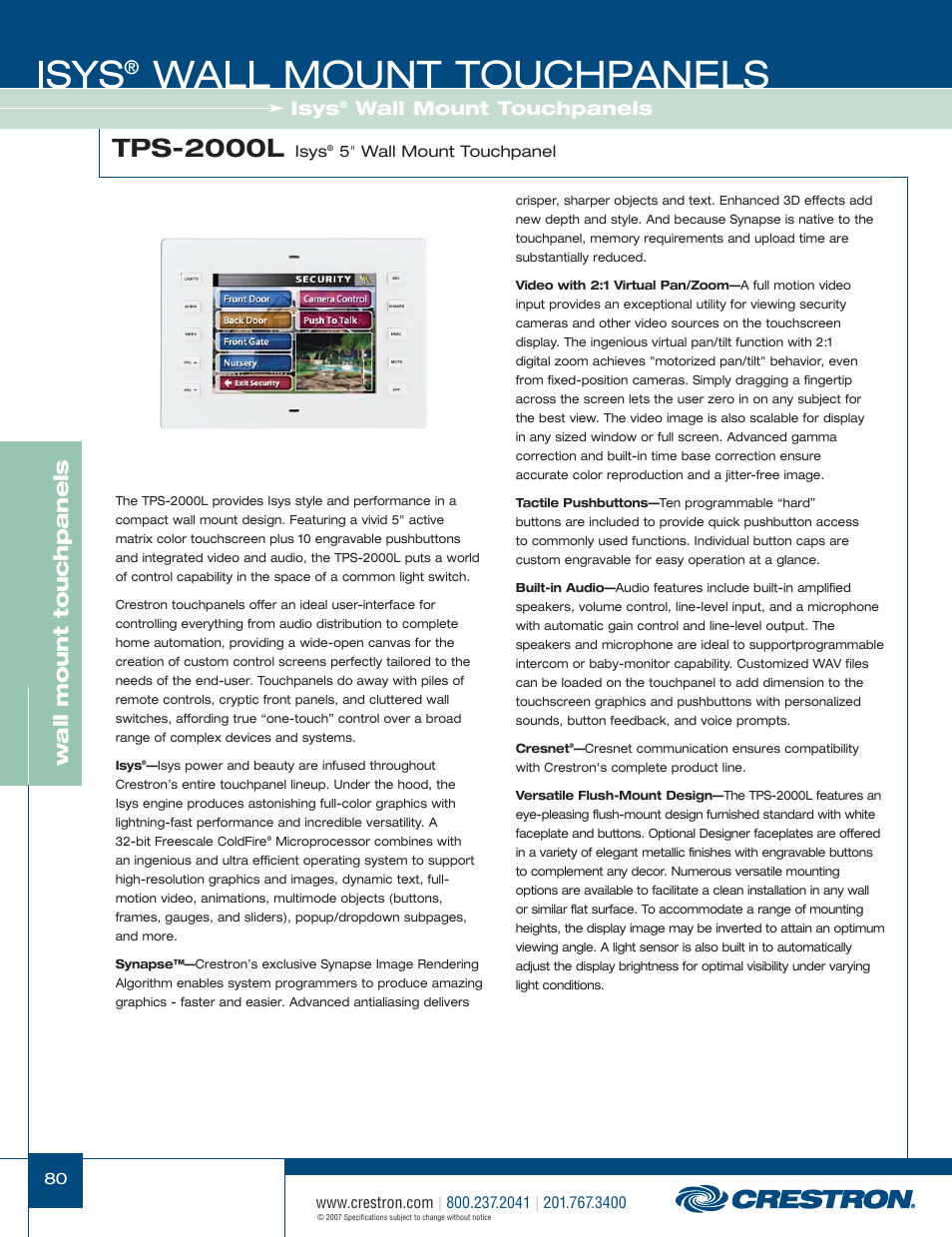 48399_080.pdf, Isys, Wall mount touchpanels | Tps-2000l, Wa ll mount touchpanels | Crestron electronic Isys TPS-3100L User Manual | Page 22 / 68