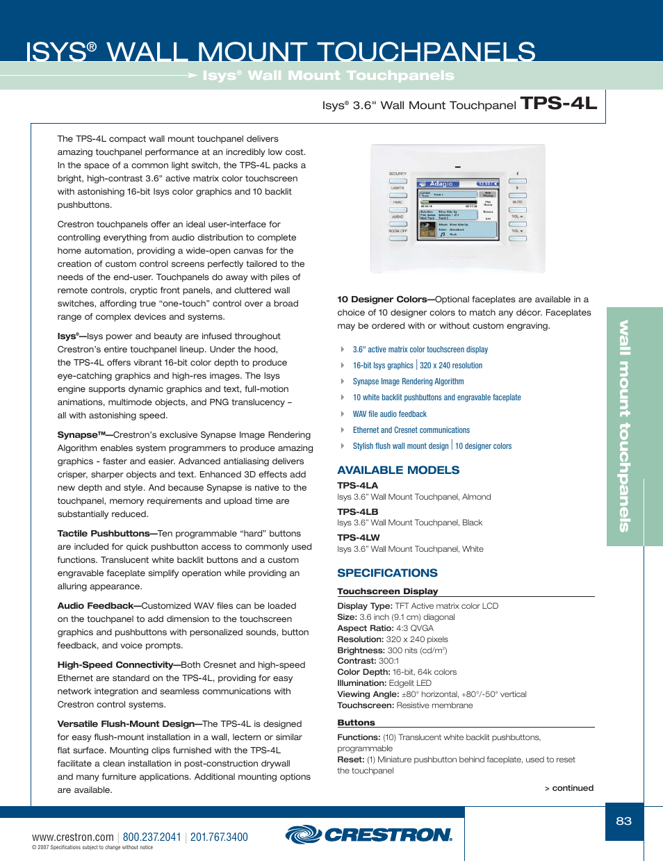 48399_083.pdf, Isys, Wall mount touchpanels | Tps-4l, W a ll mount touchpanels | Crestron electronic Isys TPS-3100L User Manual | Page 25 / 68