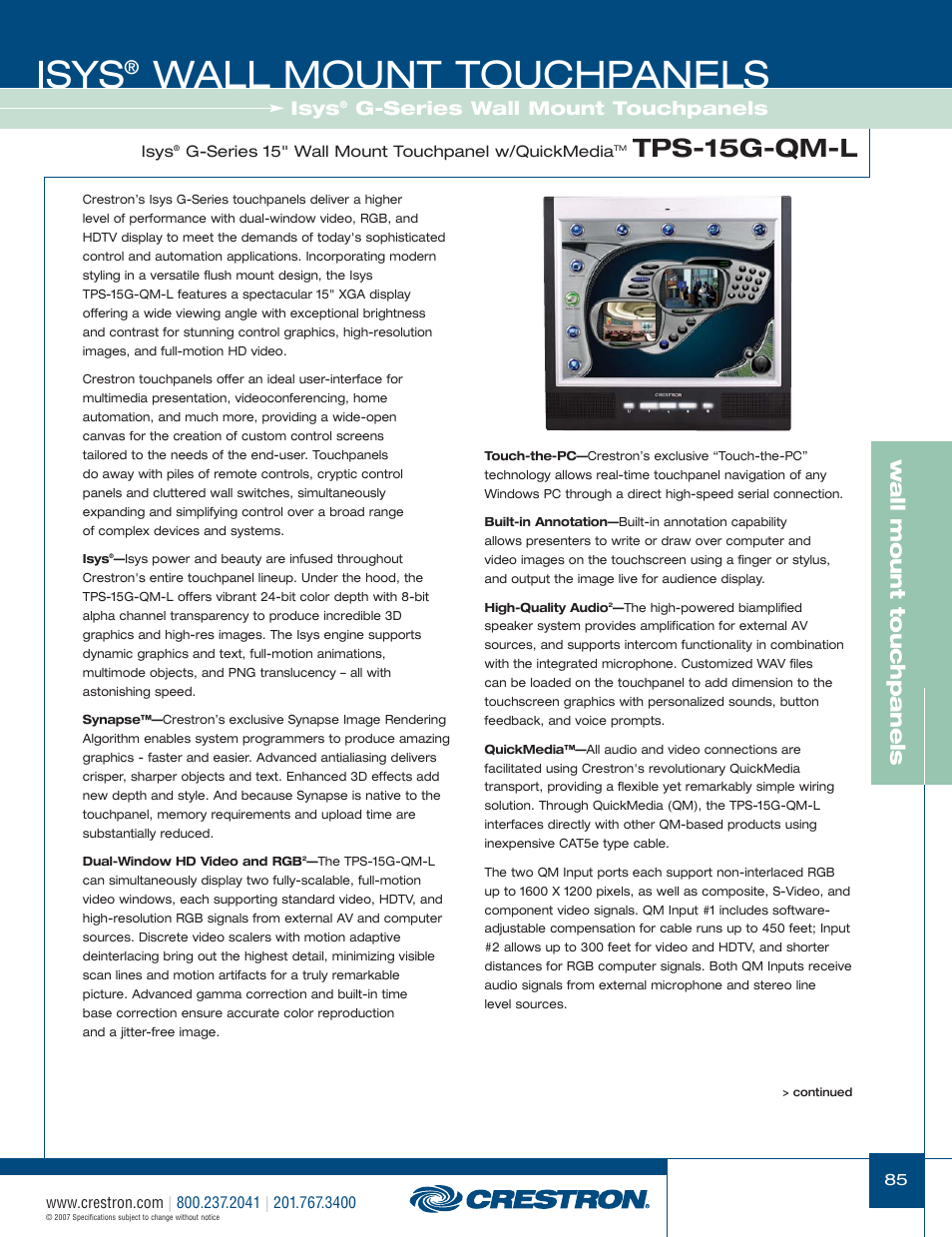48399_085.pdf, Isys, Wall mount touchpanels | Tps-15g-qm-l, W a ll mount touchpanels, G-series wall mount touchpanels | Crestron electronic Isys TPS-3100L User Manual | Page 27 / 68