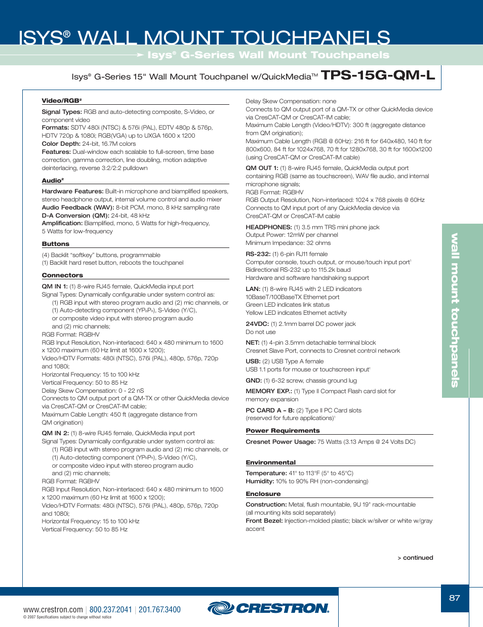 48399_087.pdf, Isys, Wall mount touchpanels | Tps-15g-qm-l, W a ll mount touchpanels, G-series wall mount touchpanels | Crestron electronic Isys TPS-3100L User Manual | Page 29 / 68