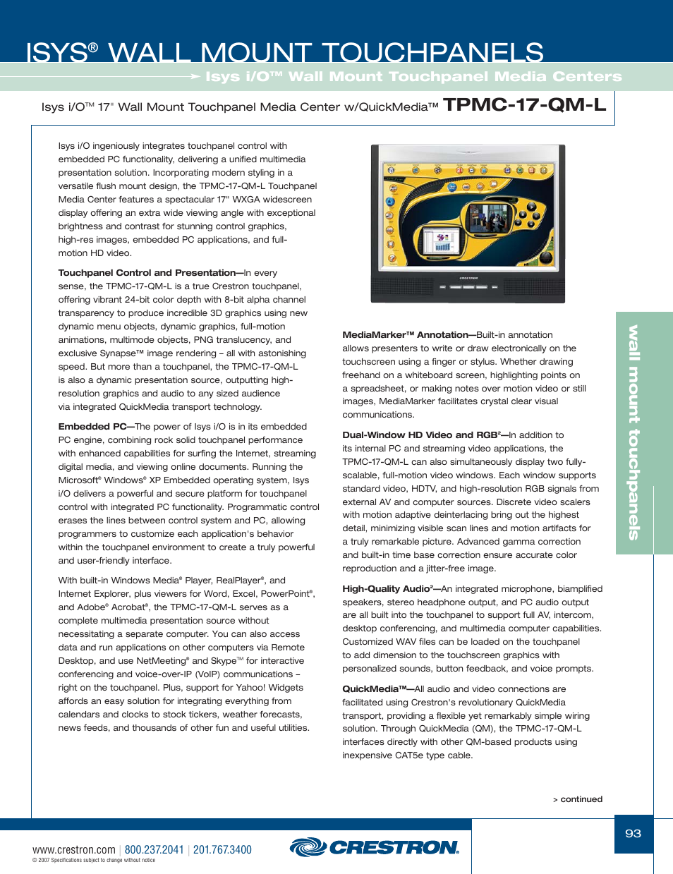48399_093.pdf, Isys, Wall mount touchpanels | Tpmc-17-qm-l, W a ll mount touchpanels, Isys i/o, Wall mount touchpanel media centers | Crestron electronic Isys TPS-3100L User Manual | Page 35 / 68