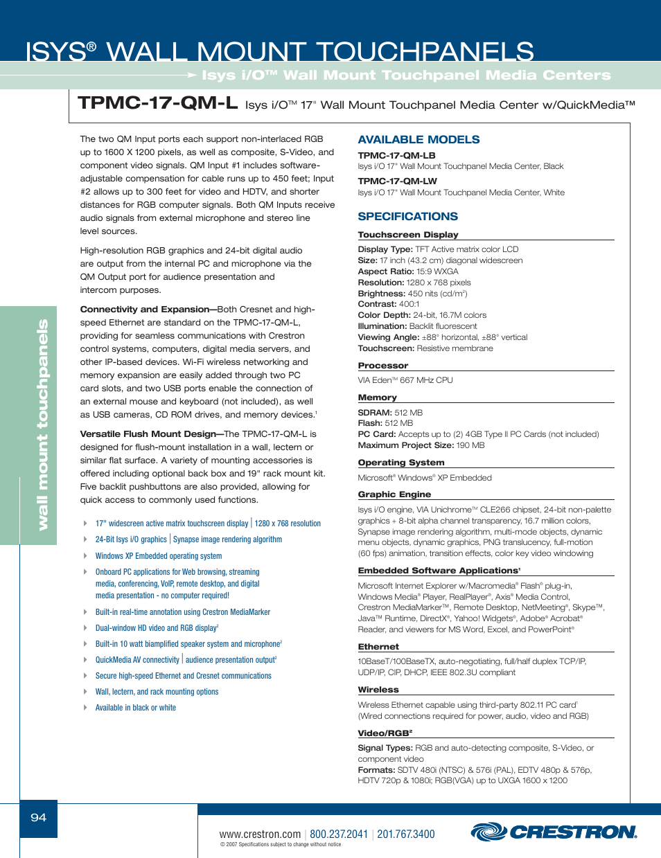 48399_094.pdf, Isys, Wall mount touchpanels | Tpmc-17-qm-l, Wa ll mount touchpanels, Isys i/o, Wall mount touchpanel media centers | Crestron electronic Isys TPS-3100L User Manual | Page 36 / 68