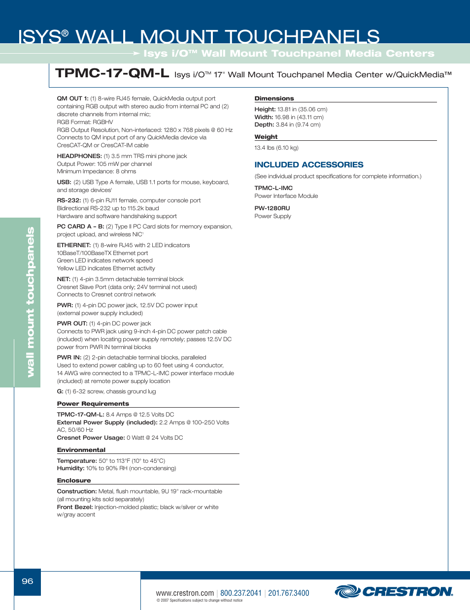 48399_096.pdf, Isys, Wall mount touchpanels | Tpmc-17-qm-l, Wa ll mount touchpanels, Isys i/o, Wall mount touchpanel media centers | Crestron electronic Isys TPS-3100L User Manual | Page 38 / 68