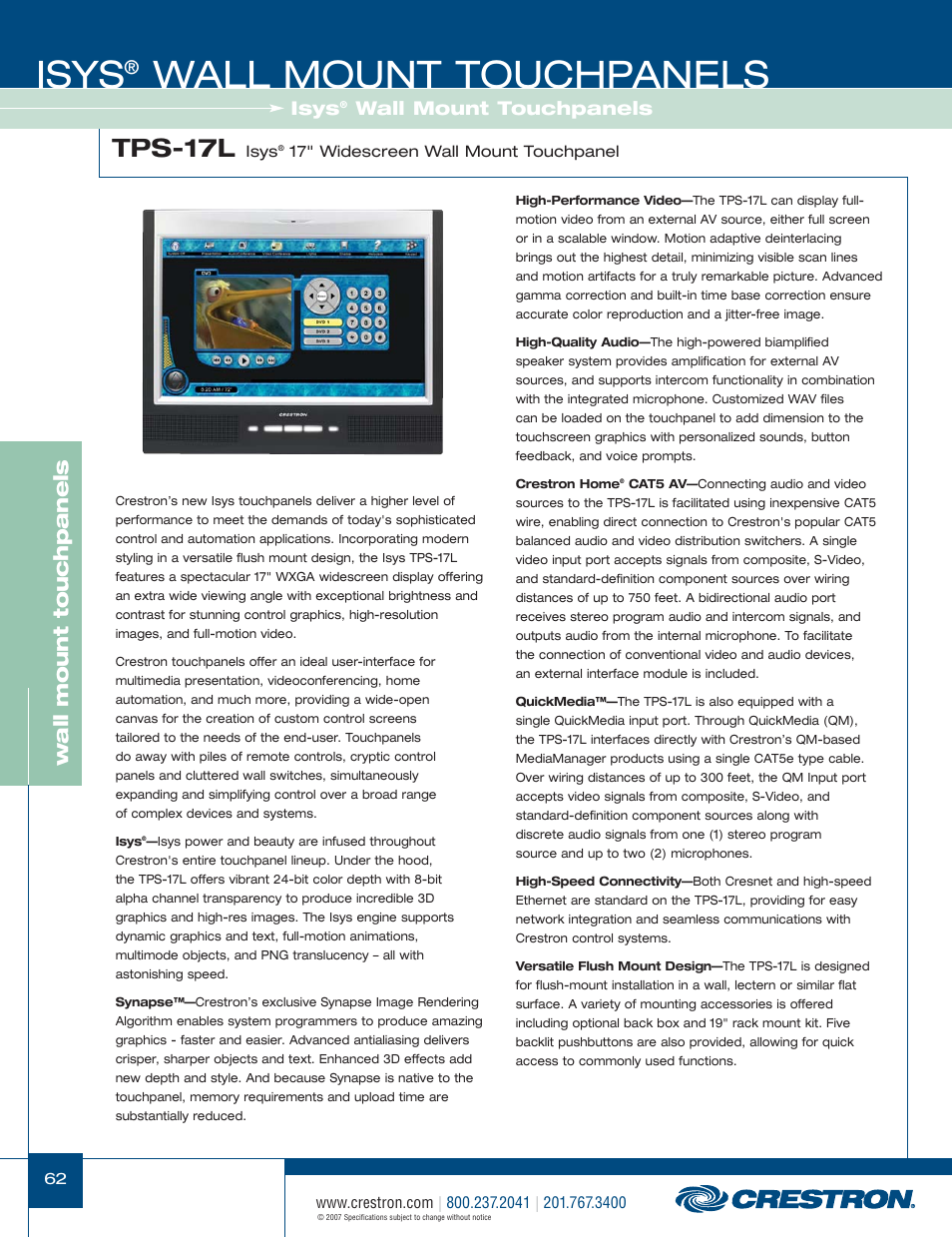 48399_062.pdf, Isys, Wall mount touchpanels | Tps-17l, Wa ll mount touchpanels | Crestron electronic Isys TPS-3100L User Manual | Page 4 / 68