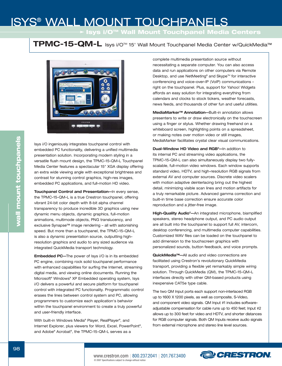 48399_098.pdf, Isys, Wall mount touchpanels | Tpmc-15-qm-l, Wa ll mount touchpanels, Isys i/o, Wall mount touchpanel media centers | Crestron electronic Isys TPS-3100L User Manual | Page 40 / 68