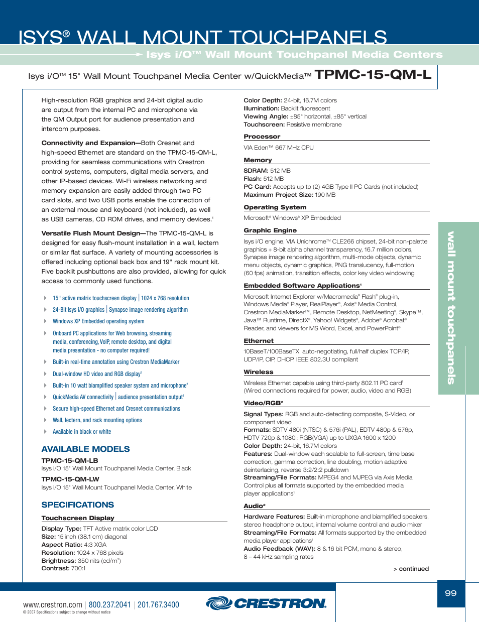 48399_099.pdf, Isys, Wall mount touchpanels | Tpmc-15-qm-l, W a ll mount touchpanels, Wall mount touchpanel media centers, Isys i/o, Available models, Specifications | Crestron electronic Isys TPS-3100L User Manual | Page 41 / 68