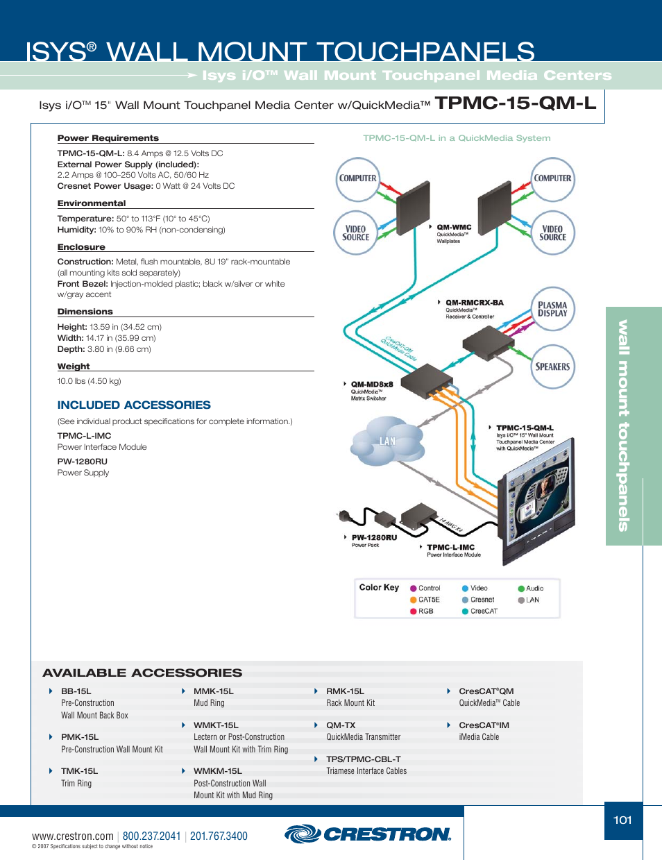 48399_101.pdf, Isys, Wall mount touchpanels | Tpmc-15-qm-l, W a ll mount touchpanels, Isys i/o, Wall mount touchpanel media centers | Crestron electronic Isys TPS-3100L User Manual | Page 43 / 68