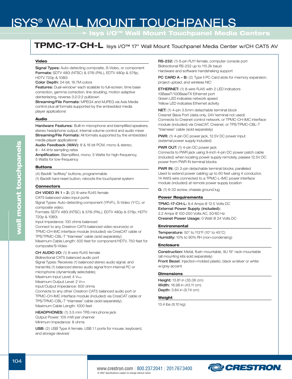 48399_104.pdf, Isys, Wall mount touchpanels | Tpmc-17-ch-l, Wa ll mount touchpanels, Isys i/o, Wall mount touchpanel media centers | Crestron electronic Isys TPS-3100L User Manual | Page 46 / 68