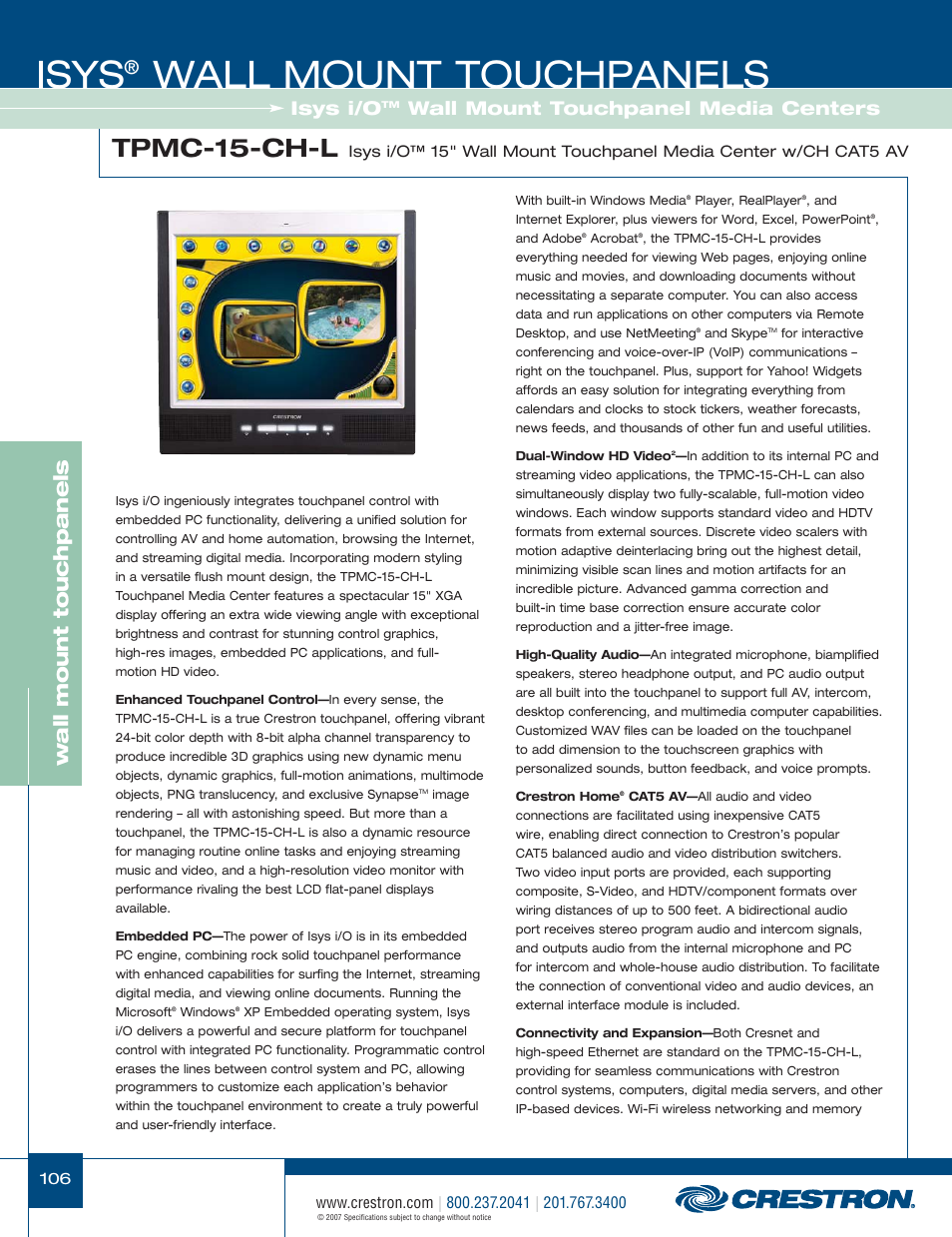 48399_106.pdf, Isys, Wall mount touchpanels | Tpmc-15-ch-l, Wa ll mount touchpanels, Isys i/o, Wall mount touchpanel media centers | Crestron electronic Isys TPS-3100L User Manual | Page 48 / 68