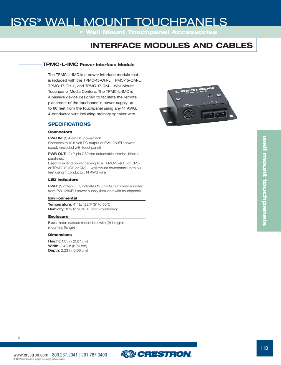 48399_113.pdf, Isys, Wall mount touchpanels | Interface modules and cables, W a ll mount touchpanels | Crestron electronic Isys TPS-3100L User Manual | Page 55 / 68