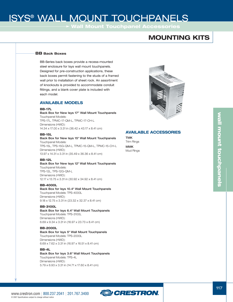 48399_117.pdf, Isys, Wall mount touchpanels | Mounting kits, W a ll mount touchpanels, Wall mount touchpanel accessories | Crestron electronic Isys TPS-3100L User Manual | Page 59 / 68