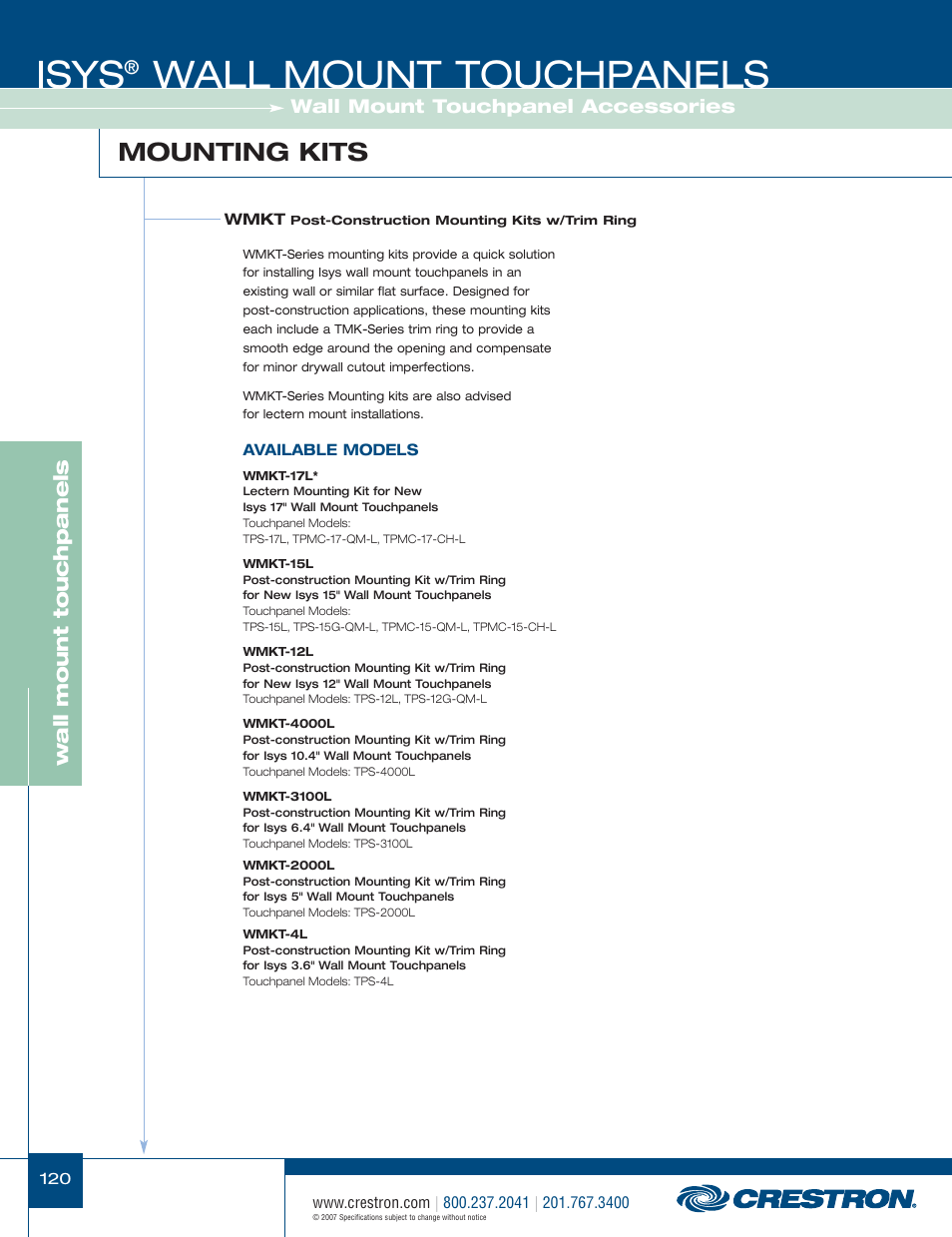 48399_120.pdf, Isys, Wall mount touchpanels | Mounting kits, Wa ll mount touchpanels, Wall mount touchpanel accessories | Crestron electronic Isys TPS-3100L User Manual | Page 62 / 68