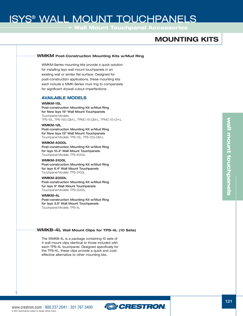48399_121.pdf, Isys, Wall mount touchpanels | Mounting kits, W a ll mount touchpanels | Crestron electronic Isys TPS-3100L User Manual | Page 63 / 68