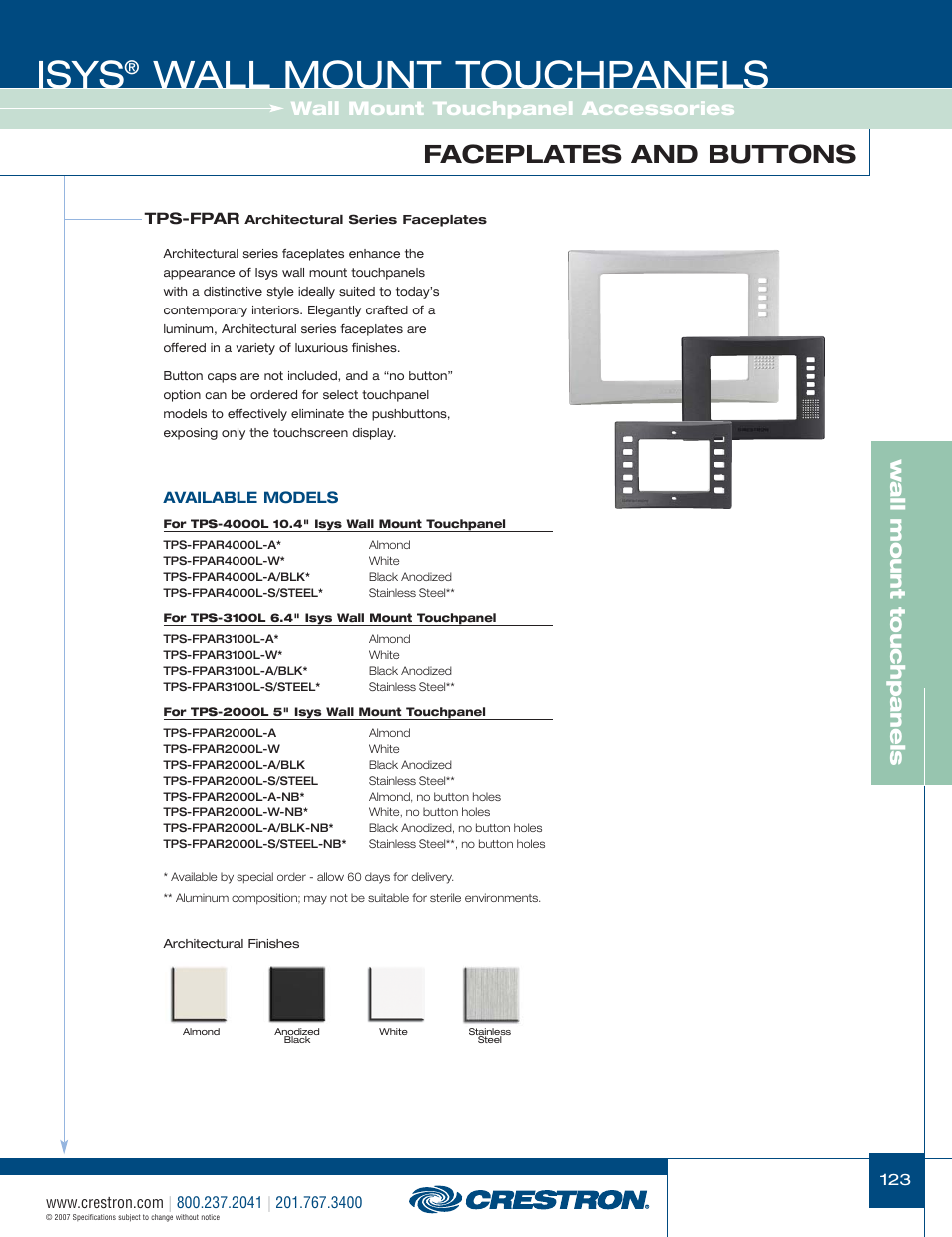 48399_123.pdf, Isys, Wall mount touchpanels | Faceplates and buttons, W a ll mount touchpanels, Wall mount touchpanel accessories | Crestron electronic Isys TPS-3100L User Manual | Page 65 / 68