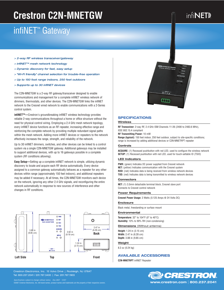 Crestron electronic infiNET Gateway C2N-MNETGW User Manual | 1 page