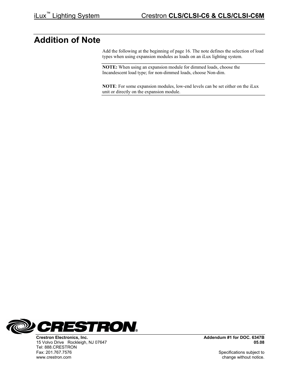 Addition of note, Ilux | Crestron electronic iLux CLSI-C6M User Manual | Page 2 / 2
