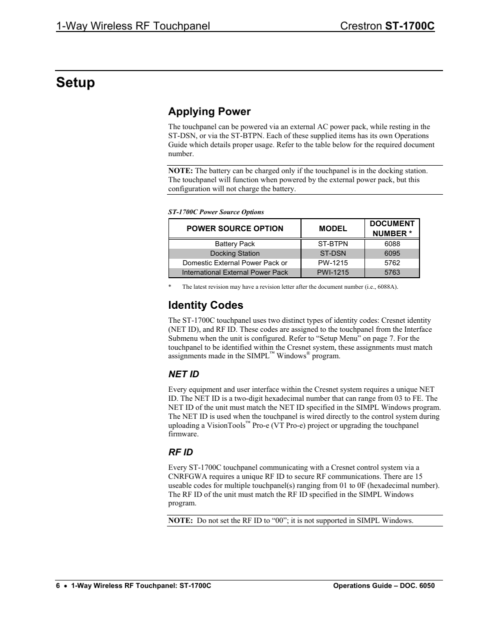 Setup, Applying power, Identity codes | Net id, Rf id, Way wireless rf touchpanel crestron st-1700c | Crestron electronic ST-1700C User Manual | Page 10 / 40