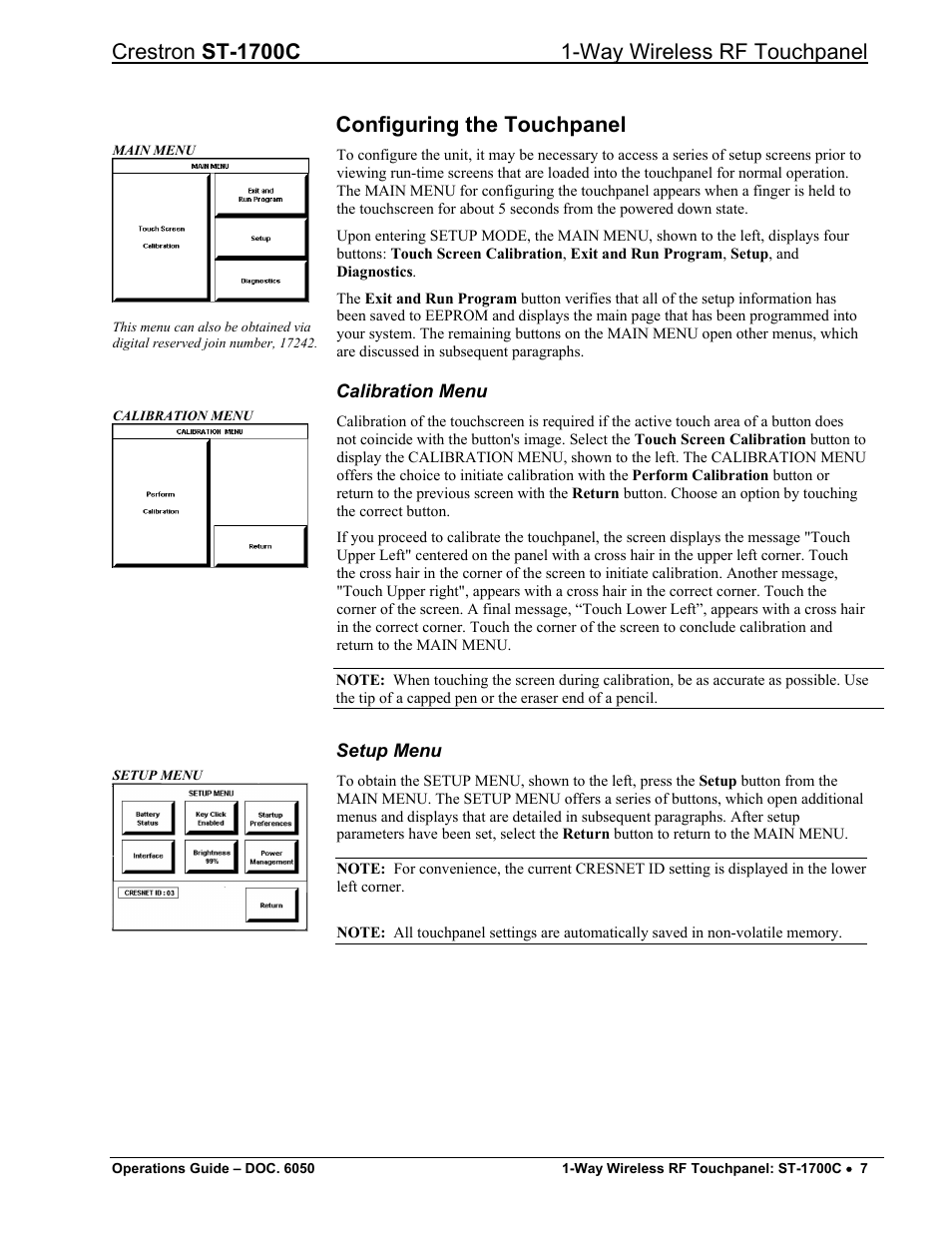 Configuring the touchpanel, Calibration menu, Setup menu | Crestron electronic ST-1700C User Manual | Page 11 / 40