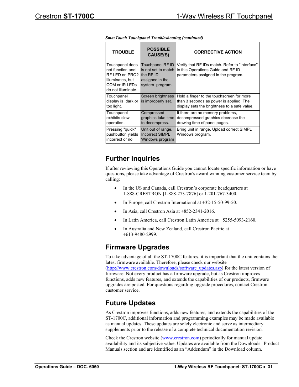 Further inquiries, Firmware upgrades, Future updates | Crestron electronic ST-1700C User Manual | Page 35 / 40