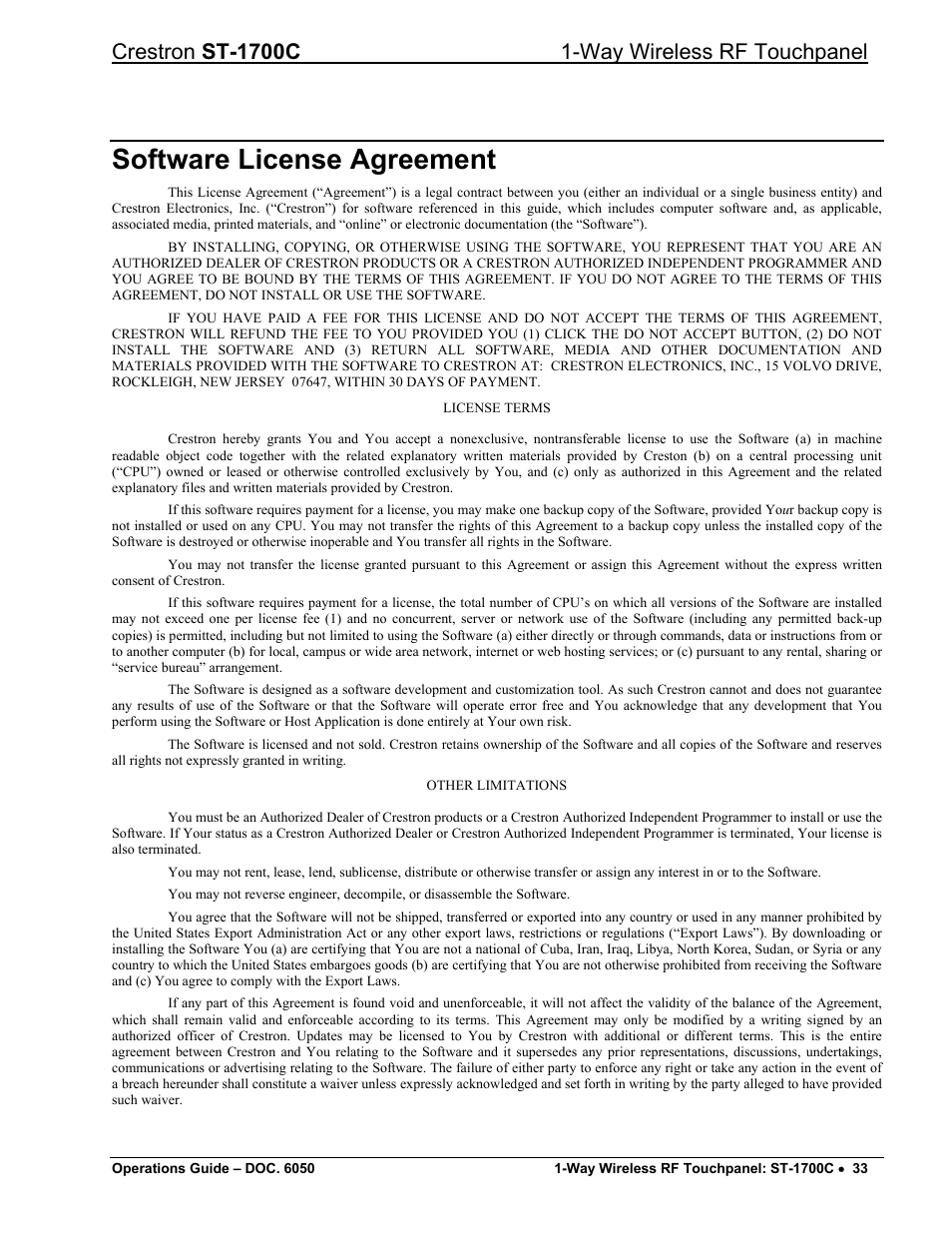 Software license agreement | Crestron electronic ST-1700C User Manual | Page 37 / 40
