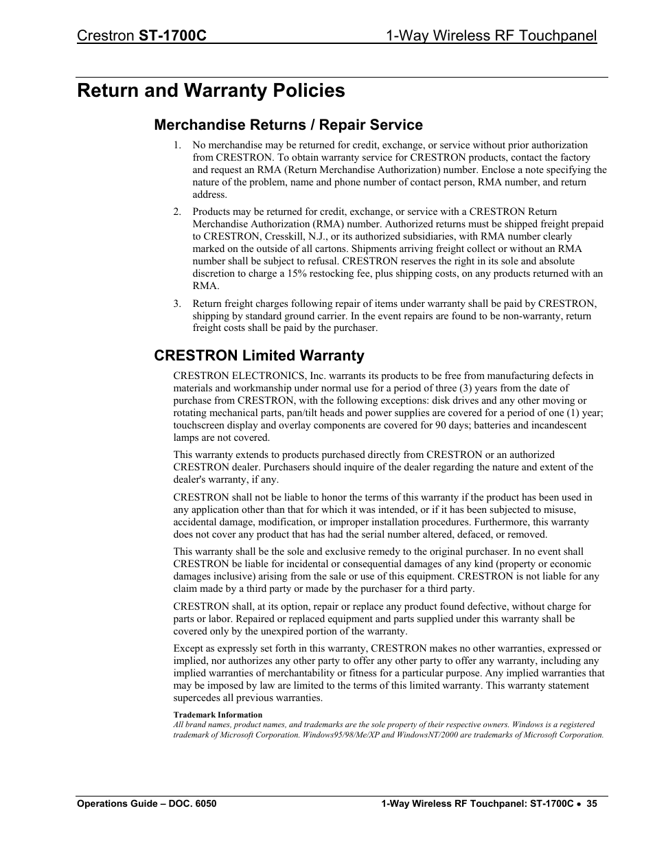 Return and warranty policies, Merchandise returns / repair service, Crestron limited warranty | Crestron electronic ST-1700C User Manual | Page 39 / 40