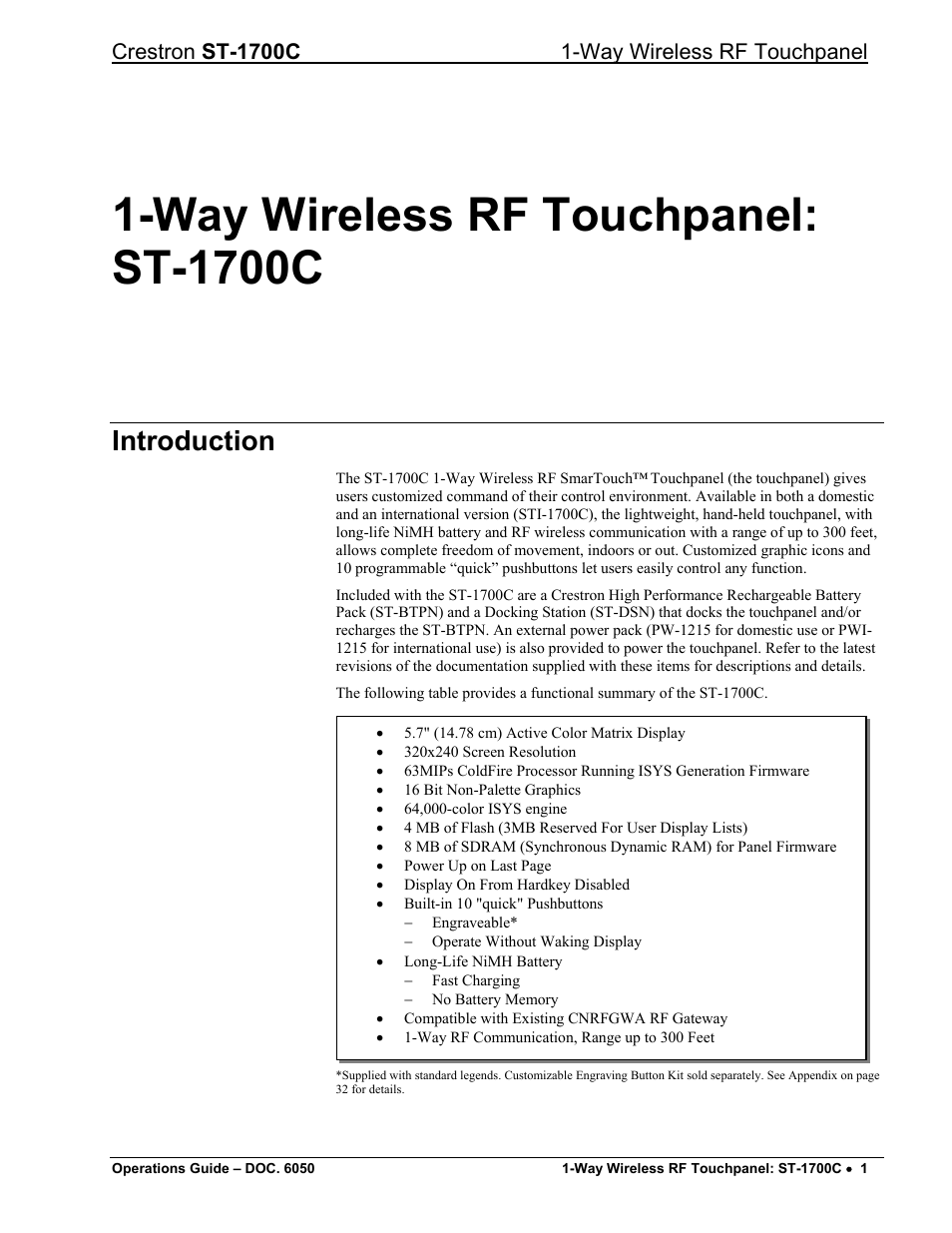 Way wireless rf touchpanel: st-1700c, Introduction | Crestron electronic ST-1700C User Manual | Page 5 / 40