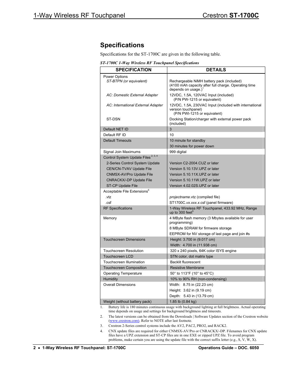 Specifications, Way wireless rf touchpanel crestron st-1700c | Crestron electronic ST-1700C User Manual | Page 6 / 40