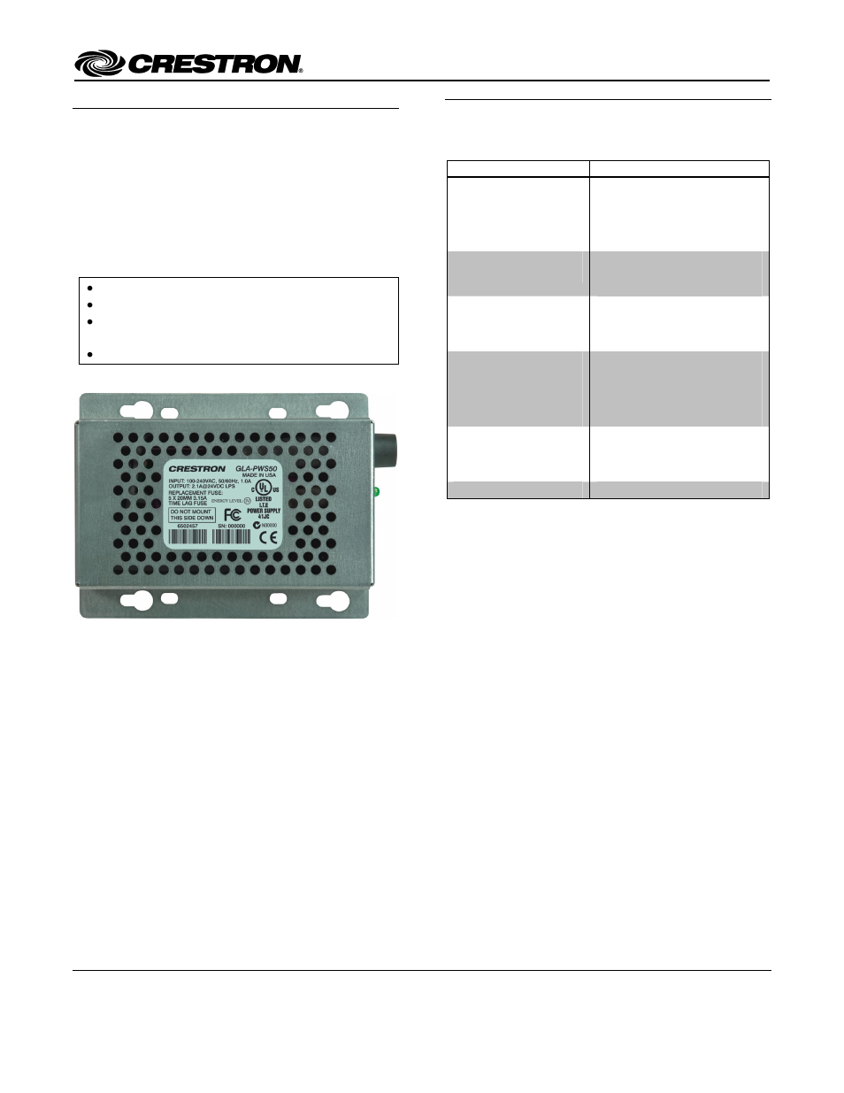 Crestron electronic GLA-PWS50 User Manual | 6 pages