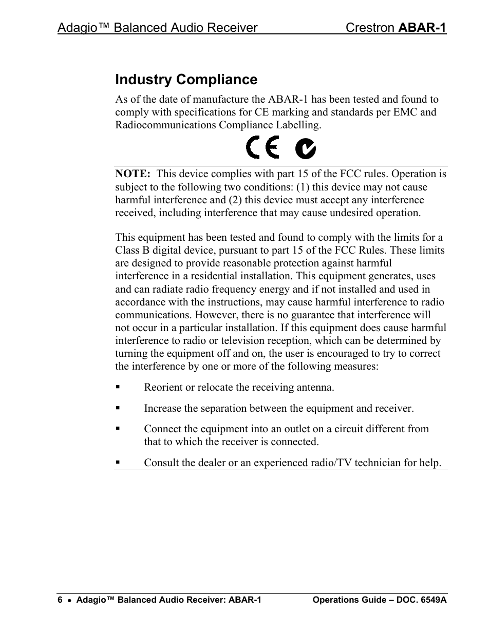 Industry compliance | Crestron electronic ABAR-1 User Manual | Page 10 / 16
