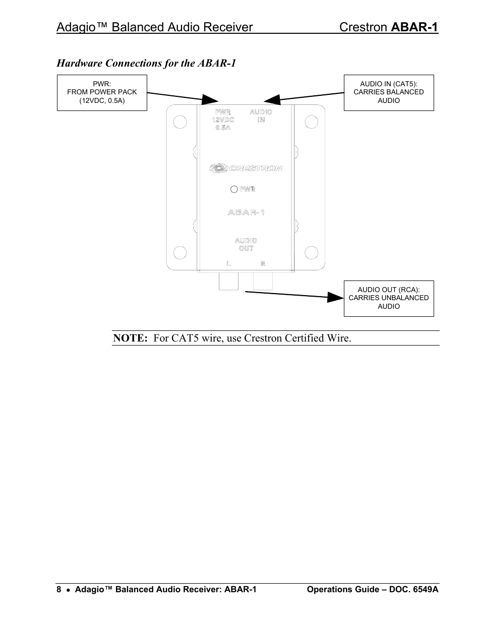 Adagio™ balanced audio receiver crestron abar-1, Hardware connections for the abar-1 | Crestron electronic ABAR-1 User Manual | Page 12 / 16