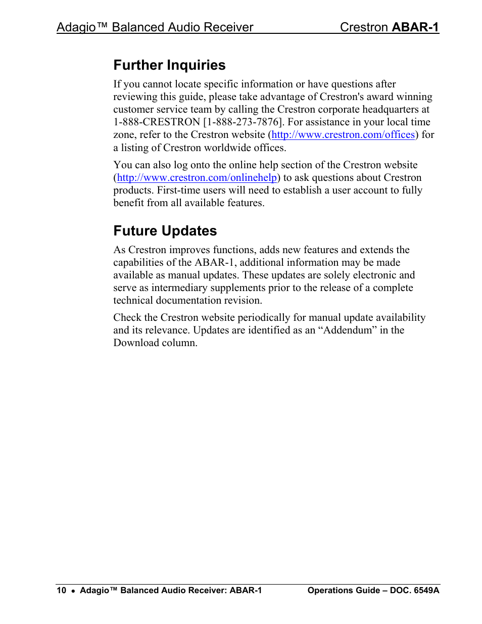 Further inquiries, Future updates | Crestron electronic ABAR-1 User Manual | Page 14 / 16