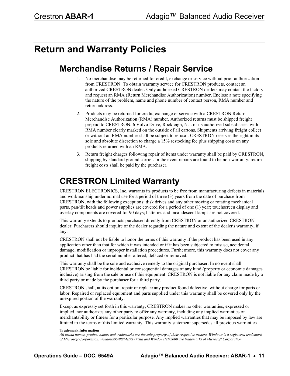 Return and warranty policies, Merchandise returns / repair service, Crestron limited warranty | Crestron abar-1 adagio™ balanced audio receiver | Crestron electronic ABAR-1 User Manual | Page 15 / 16