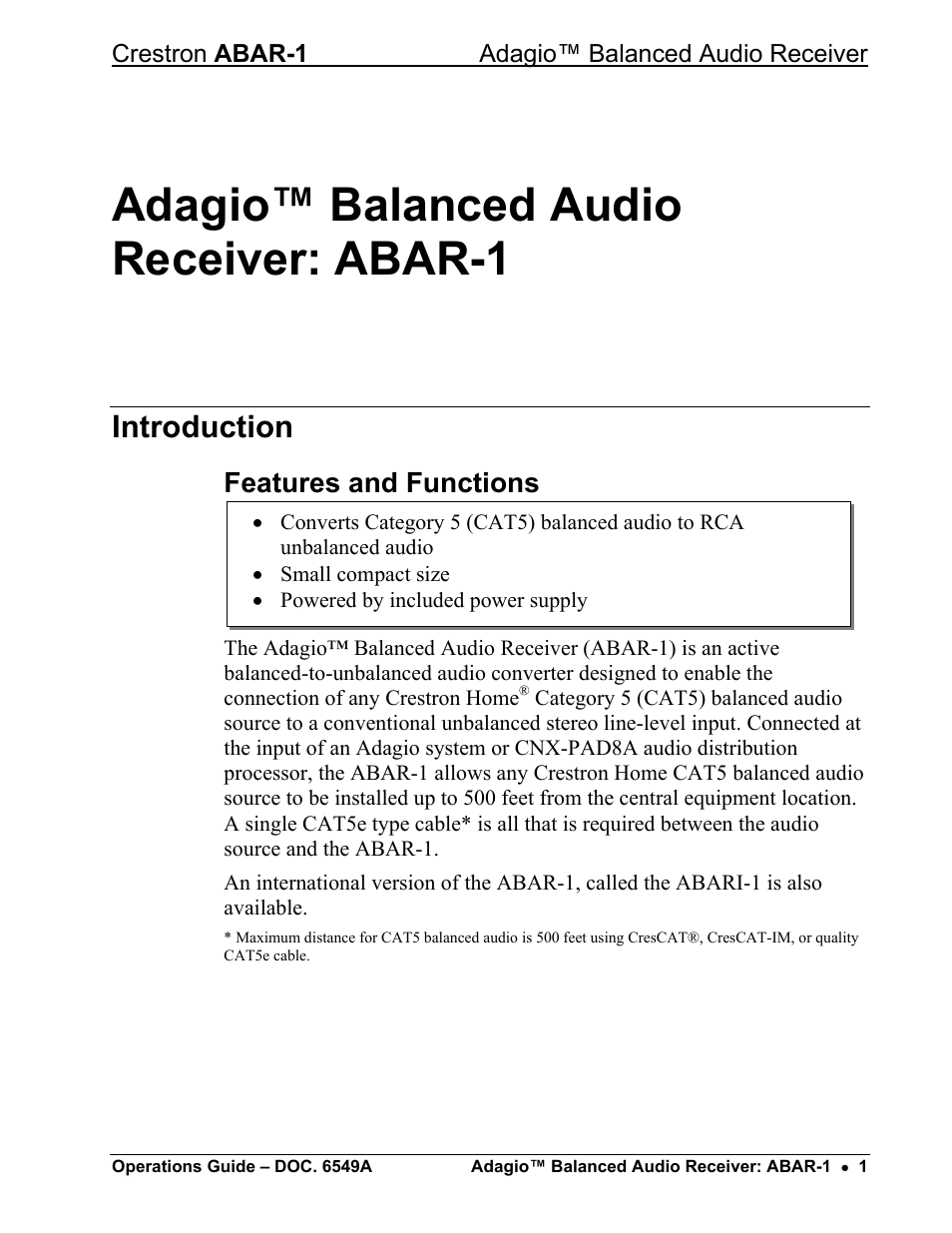 Adagio™ balanced audio receiver: abar-1, Introduction, Features and functions | Crestron electronic ABAR-1 User Manual | Page 5 / 16