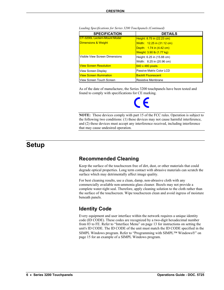 Setup, Recommended cleaning, Identity code | Crestron electronic 3200 User Manual | Page 10 / 32