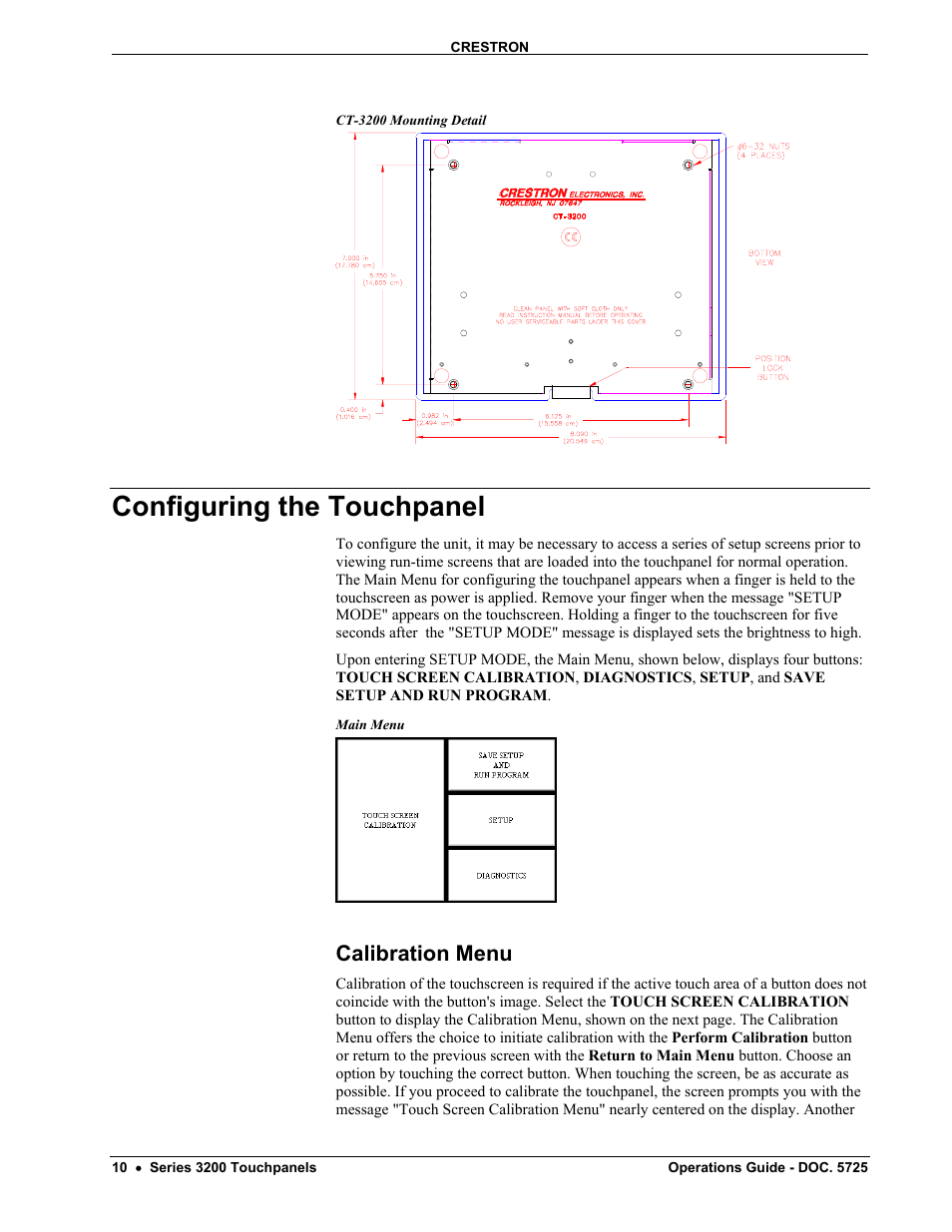 Configuring the touchpanel, Calibration menu | Crestron electronic 3200 User Manual | Page 14 / 32