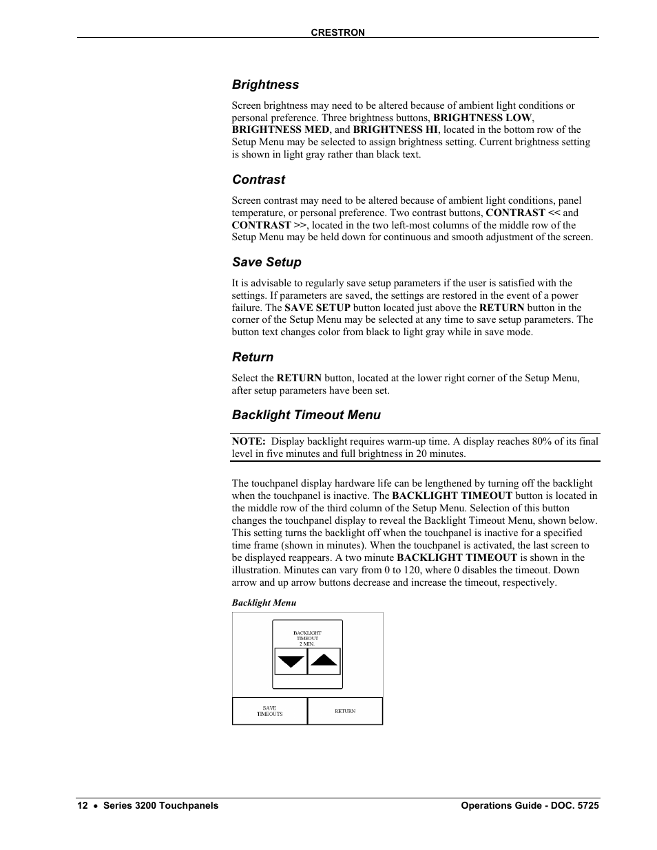 Brightness, Contrast, Save setup | Return, Backlight timeout menu | Crestron electronic 3200 User Manual | Page 16 / 32