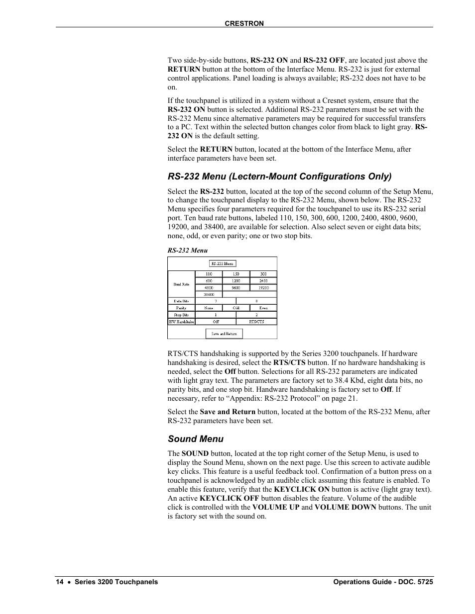Rs-232 menu (lectern-mount configurations only), Sound menu | Crestron electronic 3200 User Manual | Page 18 / 32