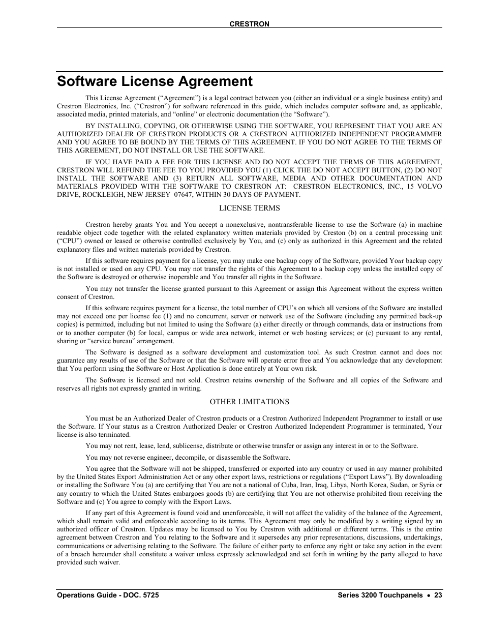 Software license agreement | Crestron electronic 3200 User Manual | Page 27 / 32