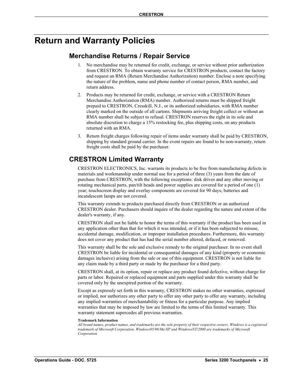 Return and warranty policies, Merchandise returns / repair service, Crestron limited warranty | Crestron electronic 3200 User Manual | Page 29 / 32
