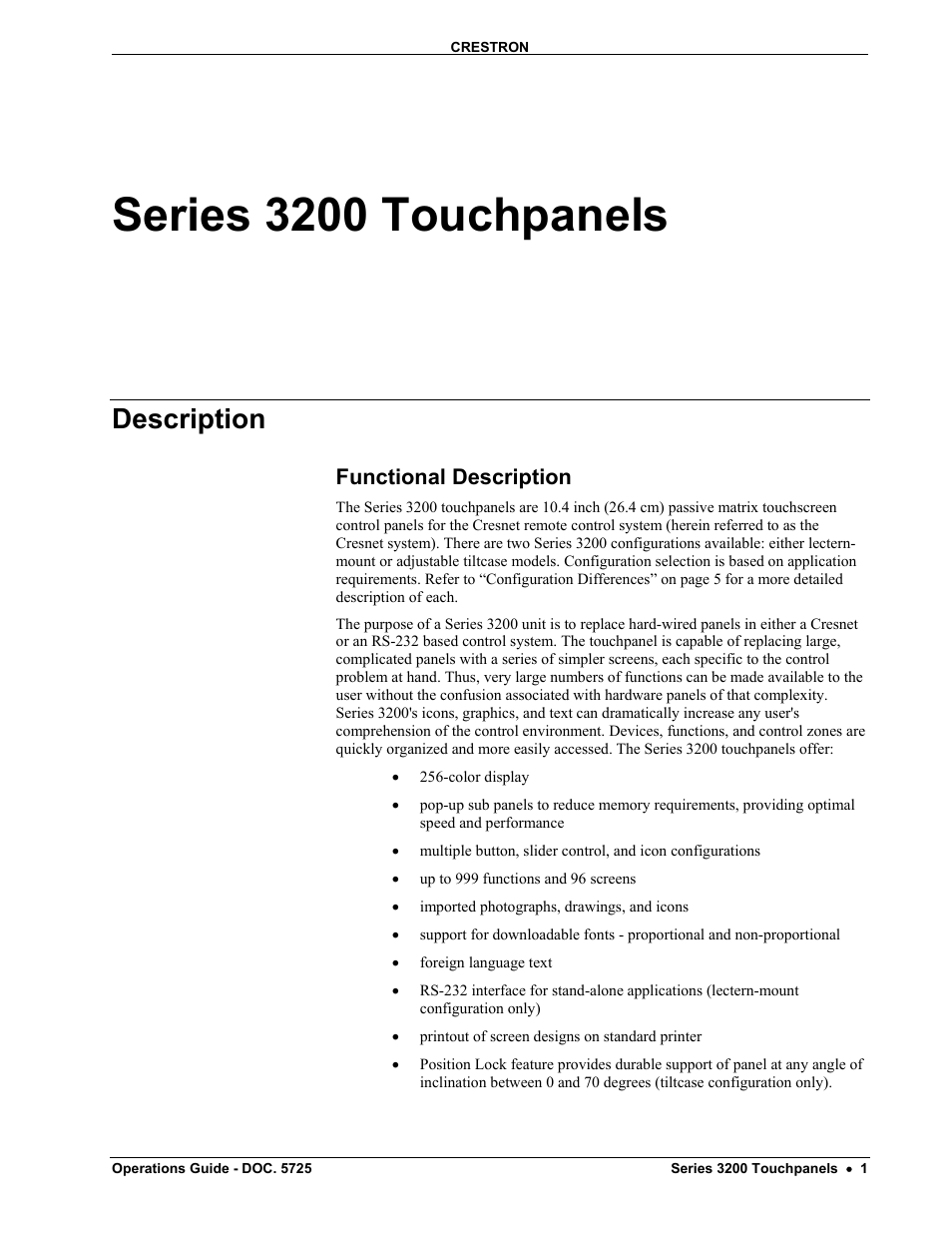 Series 3200 touchpanels, Description, Functional description | Crestron electronic 3200 User Manual | Page 5 / 32