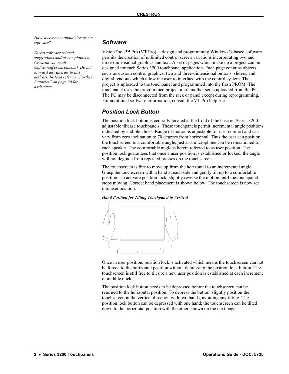 Software, Position lock button | Crestron electronic 3200 User Manual | Page 6 / 32