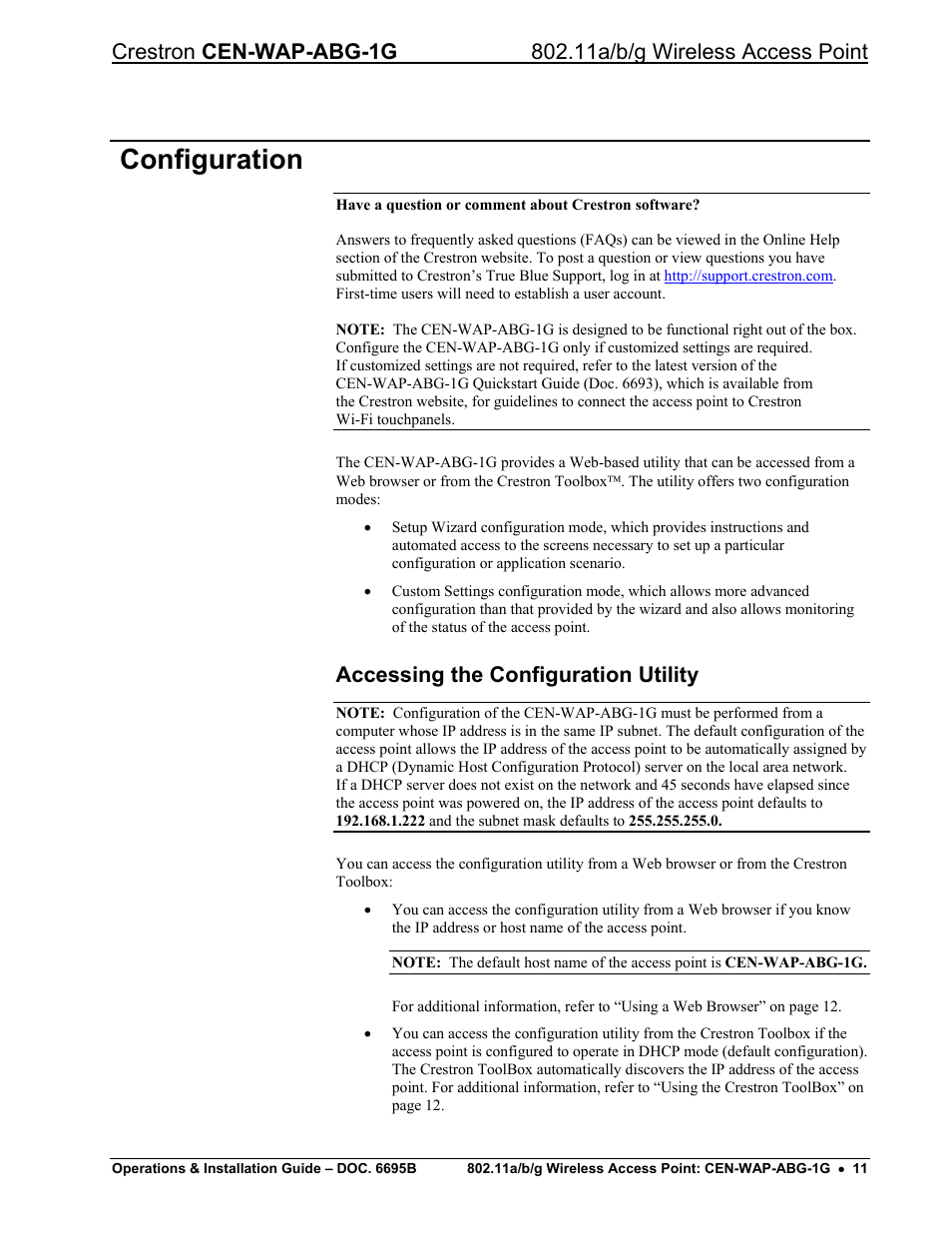 Configuration, Accessing the configuration utility | Crestron electronic One-Gang 802.11a/b/g Wireless Access Point CEN-WAP-ABG-1G User Manual | Page 15 / 56