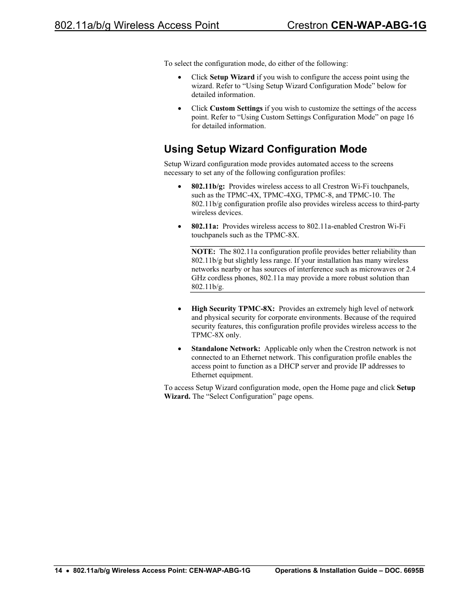 Using setup wizard configuration mode | Crestron electronic One-Gang 802.11a/b/g Wireless Access Point CEN-WAP-ABG-1G User Manual | Page 18 / 56