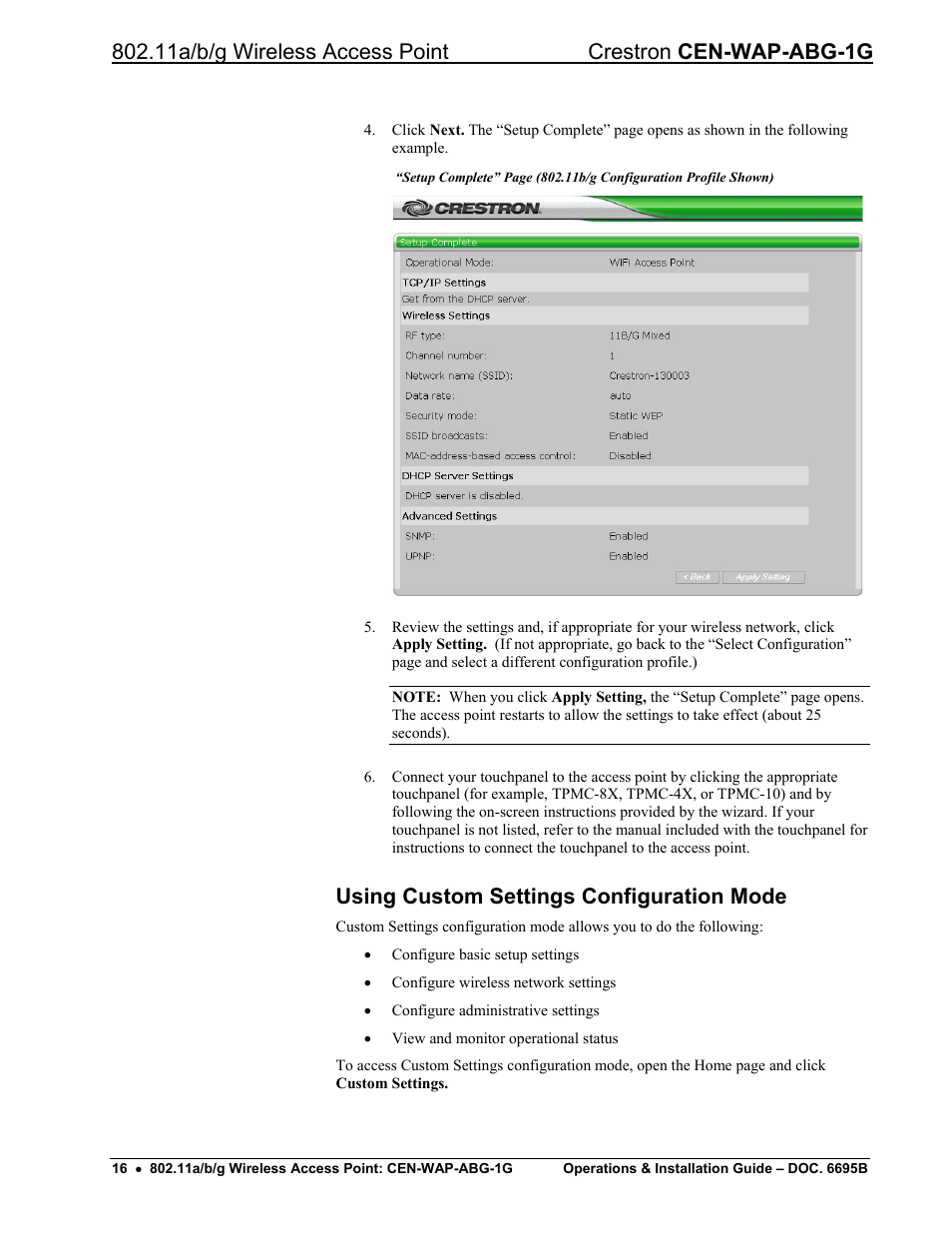 Using custom settings configuration mode, Rmation | Crestron electronic One-Gang 802.11a/b/g Wireless Access Point CEN-WAP-ABG-1G User Manual | Page 20 / 56