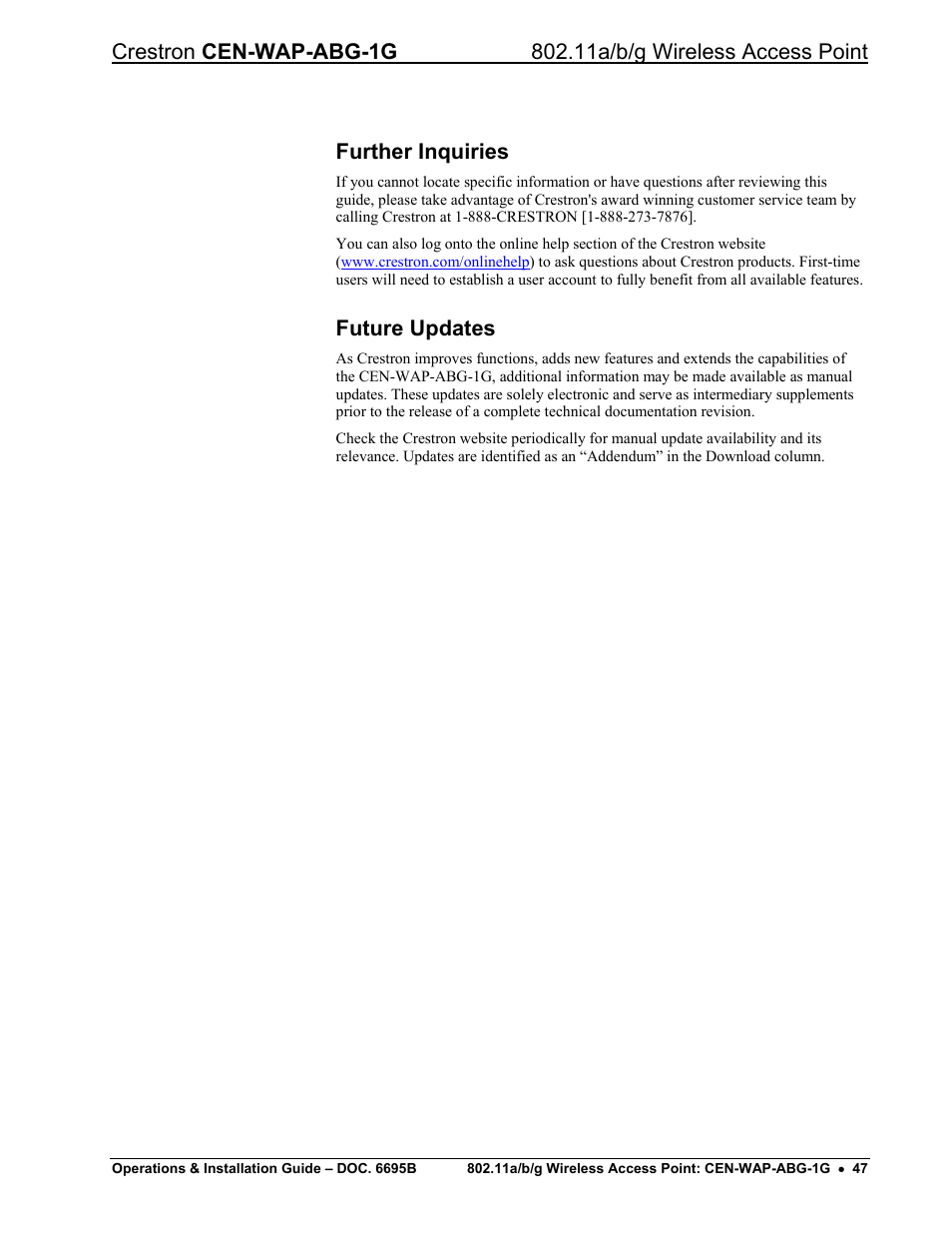 Further inquiries, Future updates | Crestron electronic One-Gang 802.11a/b/g Wireless Access Point CEN-WAP-ABG-1G User Manual | Page 51 / 56